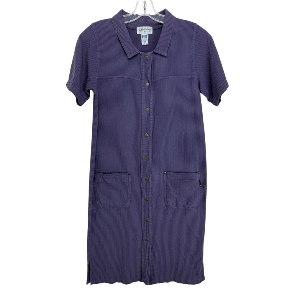 Vintage Ribbed Cotton Snap Closure Midi Dress Size Small Purple Ezze Wear 90s